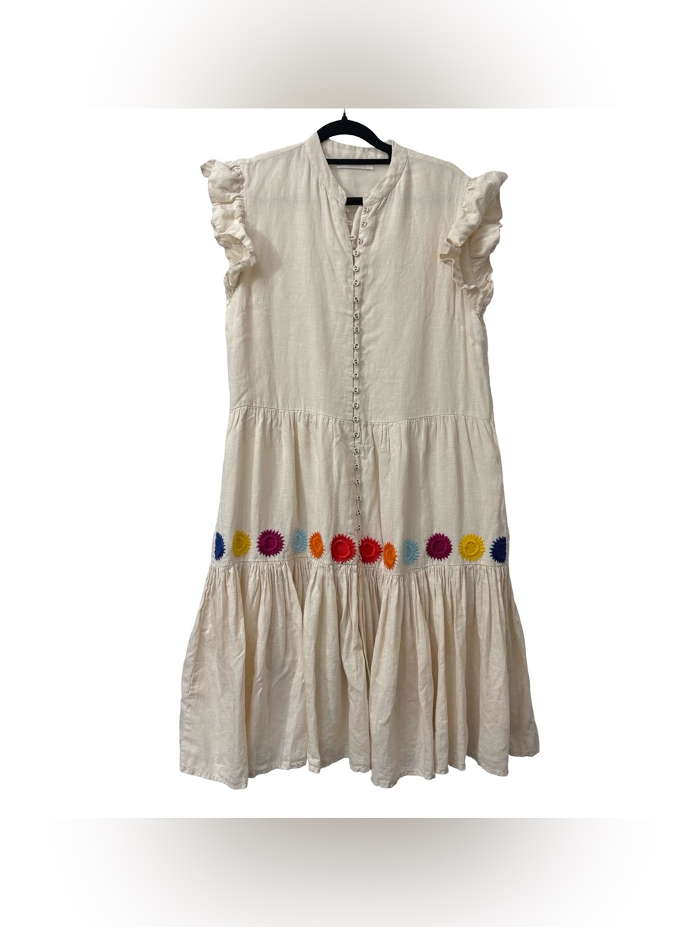 Karolina Kβ Beige Linen Embroidered Suns Midi A Line Dress Size Small